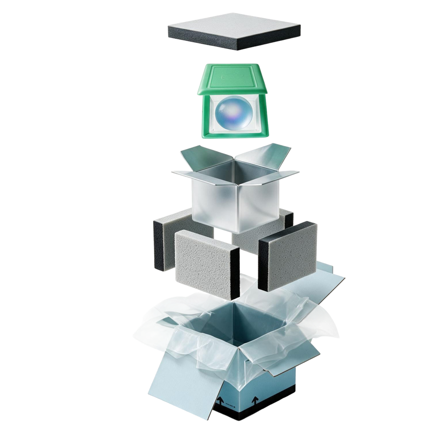 Exploded view of a DeepChilled shipper: outer carton, insulation panels, inner container and thermal core